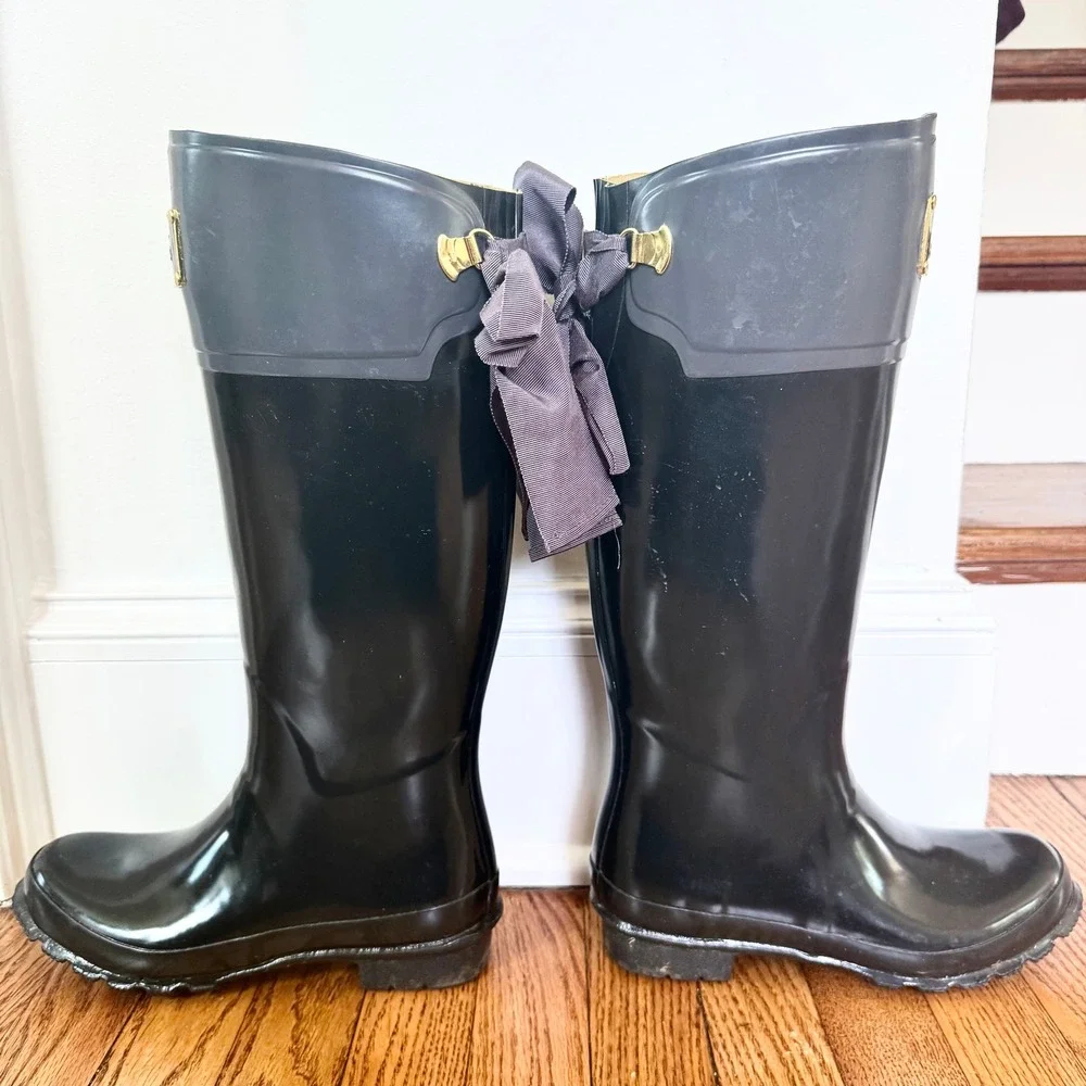Joules Evedon Rain Boots Womens 8 Black Bow Back Waterproof Tall